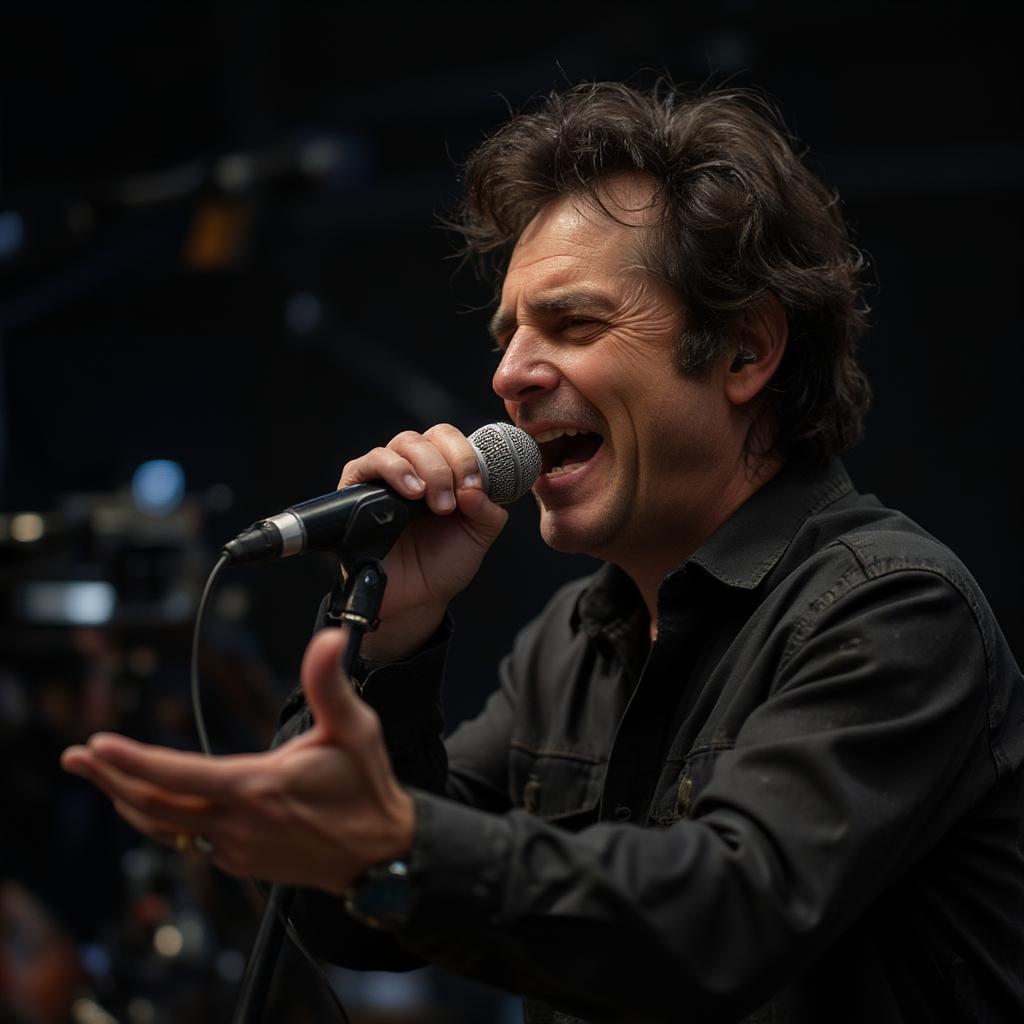 Willie Nile singing on stage close-up