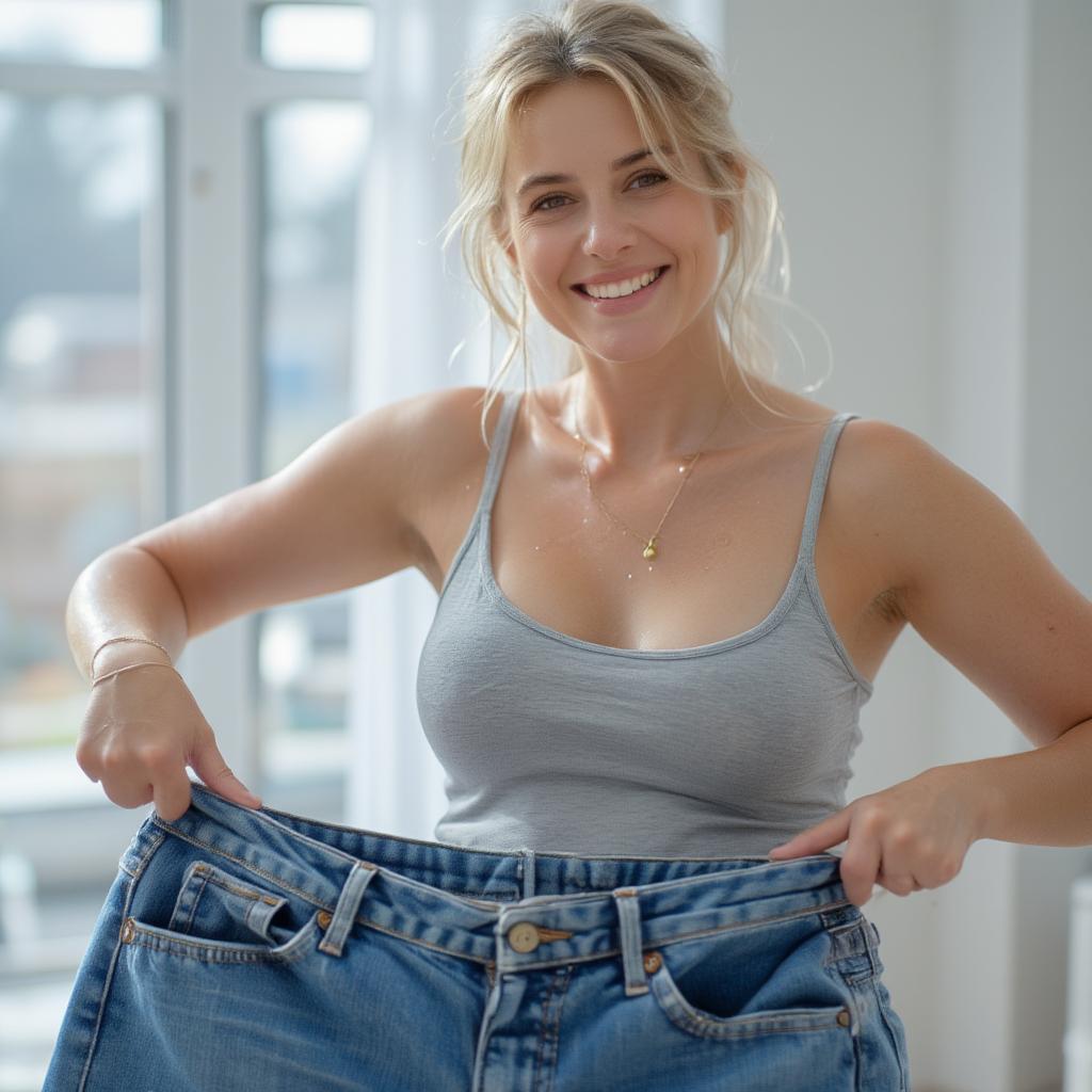 Woman celebrates her weight loss success