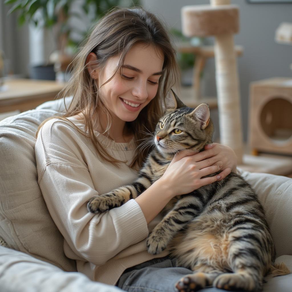 Woman Cuddling with Newly Adopted Cat