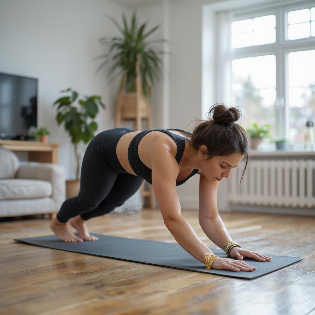 Woman doing a plank exercise at home for core strength training