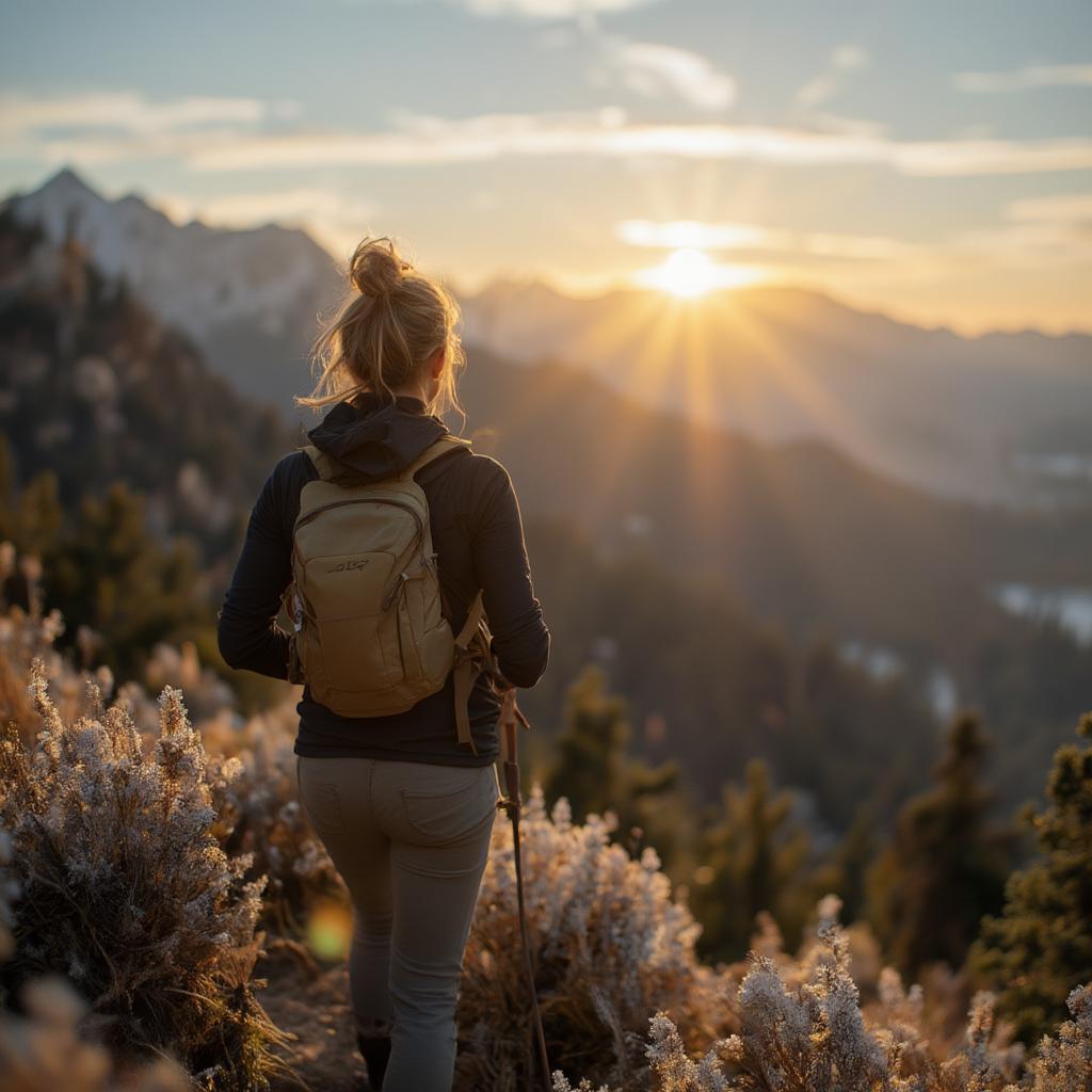 Woman hiking at sunrise: Embracing the journey of the falcon life & style.