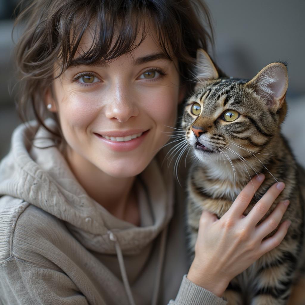 A woman gently pets a rescue cat in her lap, creating a bond