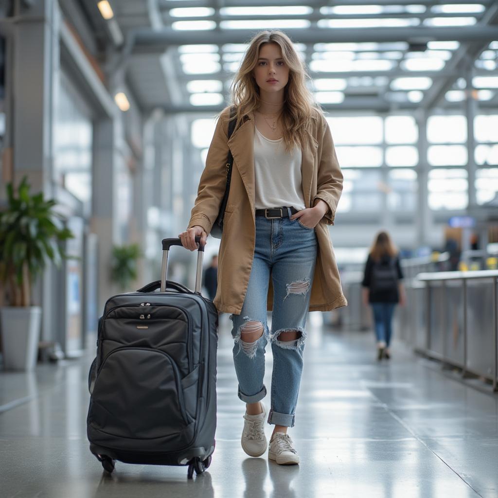 woman pulling trolley airport