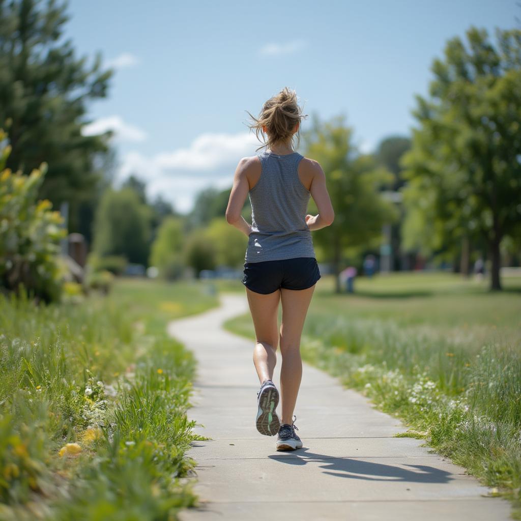 woman running outdoors on paved path, clear sky, sports lifestyle