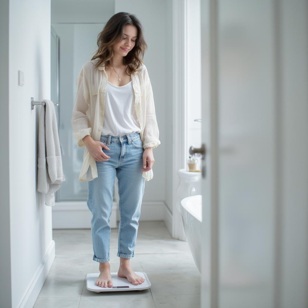 Woman checking weight on scale for weight loss