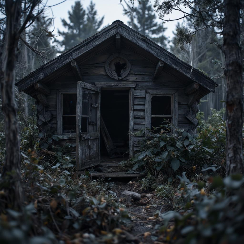 Wrong Turn 1 Cabin Scene: Depicts the dilapidated cabin of the cannibalistic family