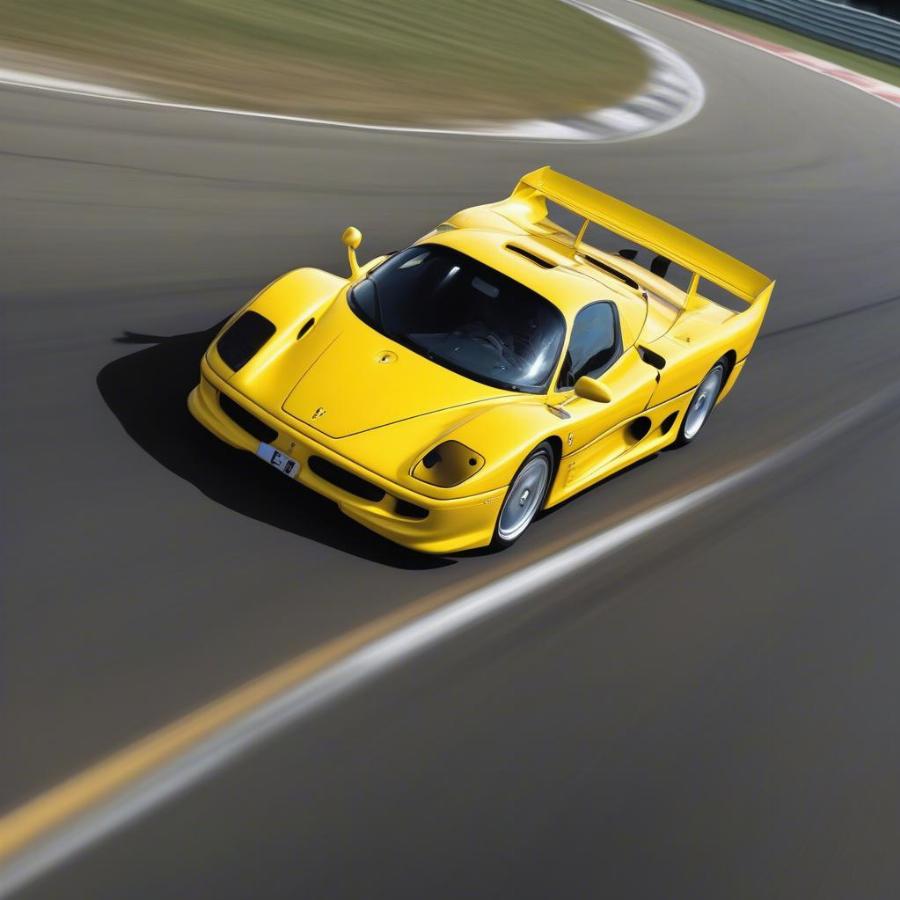 Yellow Ferrari F50 speeding on a racetrack