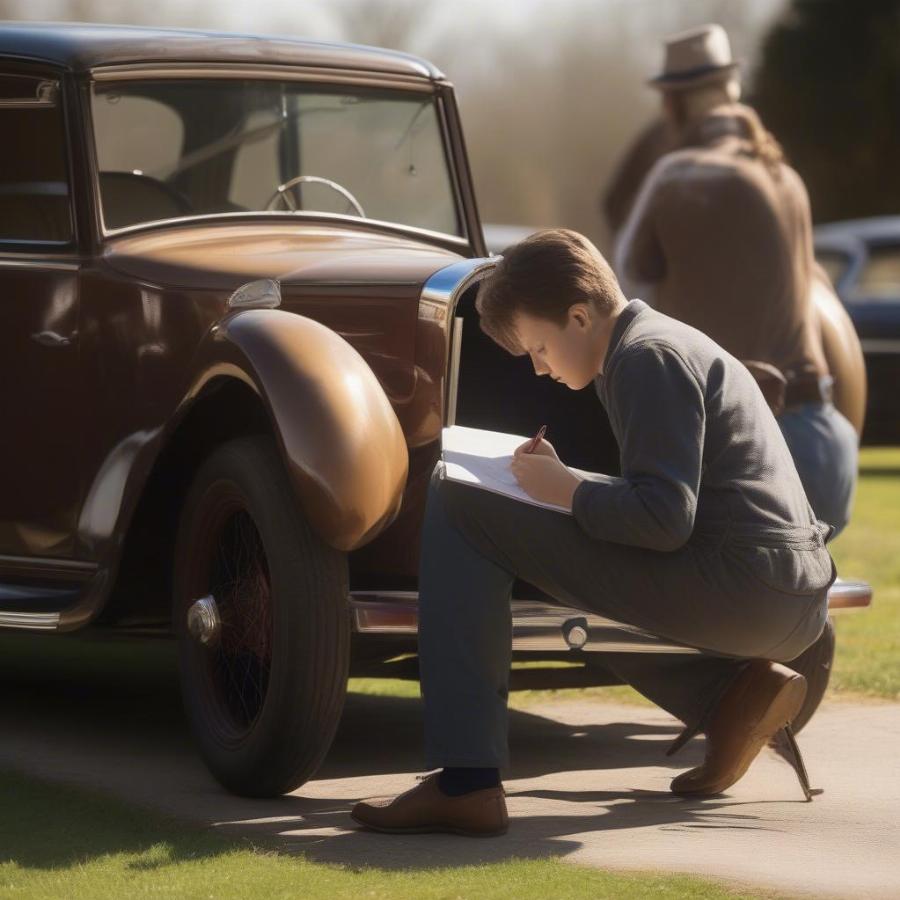 Young Driver Inspecting Classic Car for Insurance