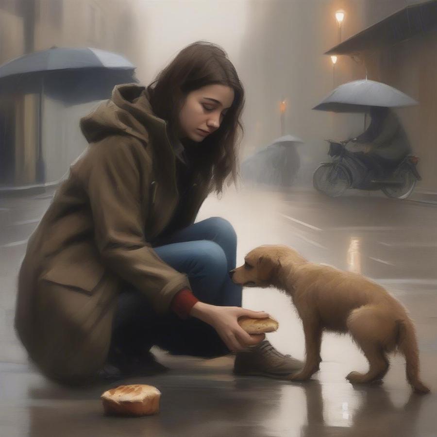 A young woman offering food to a stray dog in the rain