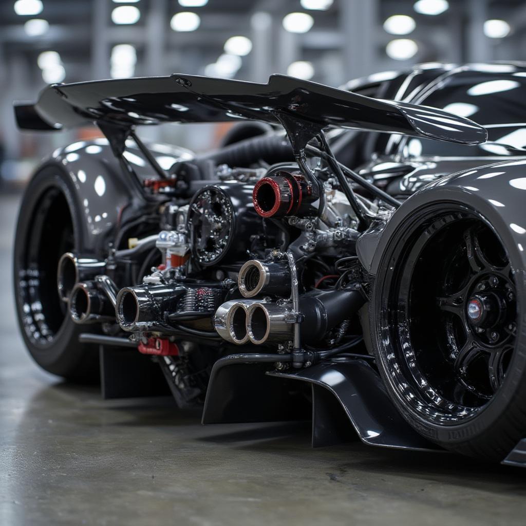 Rear view of the Pagani Zonda C12 emphasizing the powerful engine and unique exhaust system.