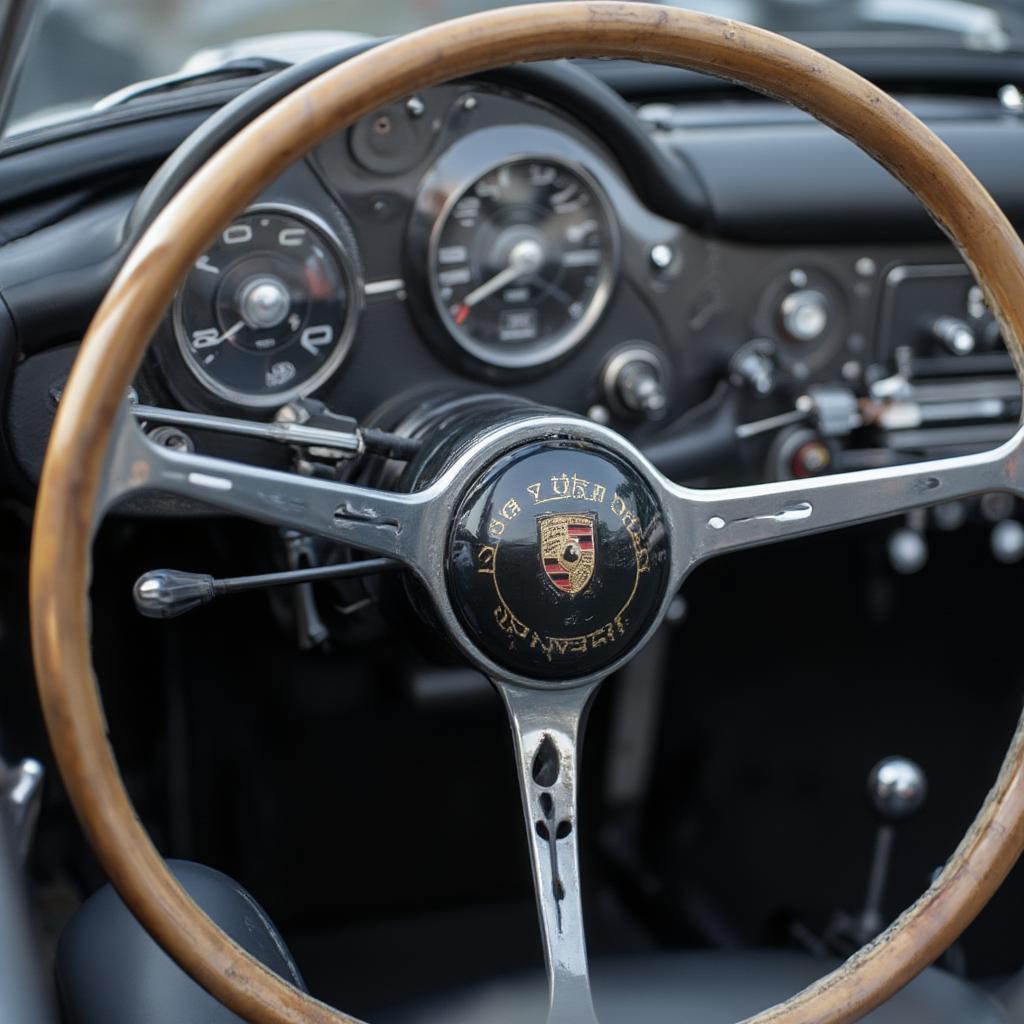 Interior view of restored 1956 Porsche Speedster highlighting gauges and steering wheel