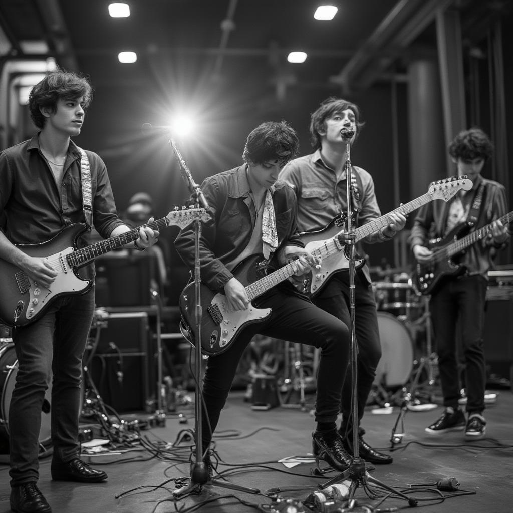 A group of musicians playing 1960s rock and roll instruments in a studio