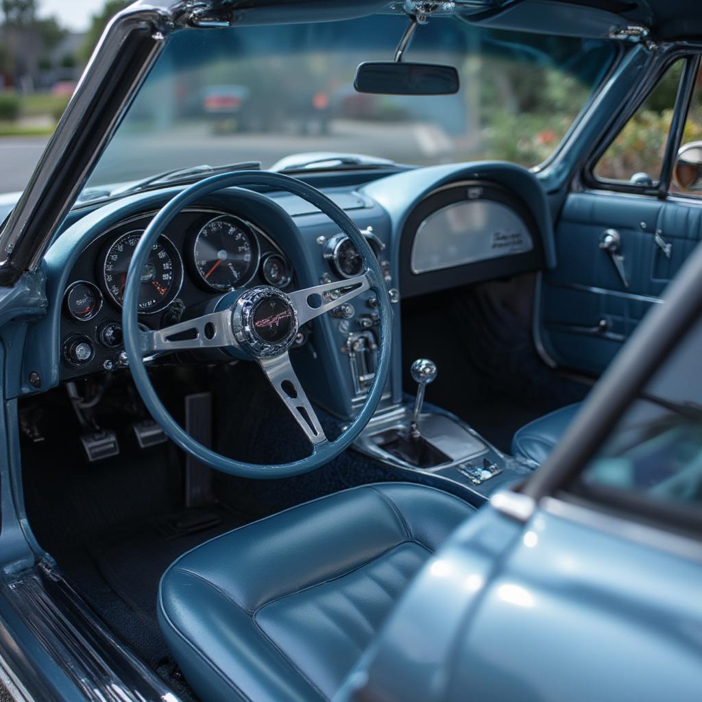 Close-up showing the 1963 Corvette coupe's detailed interior, with the dashboard, steering wheel, and gauges.