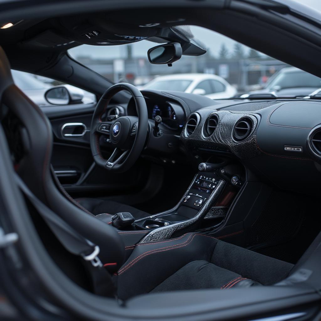 Detailed view of the 2020 Ford GT interior highlighting the carbon fiber and minimalistic design