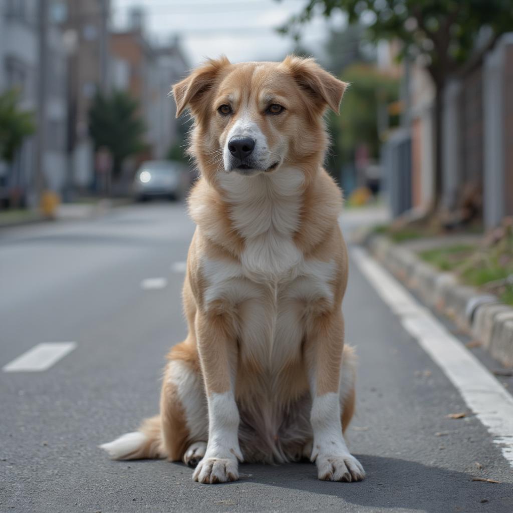 abandoned dog looking sad on street