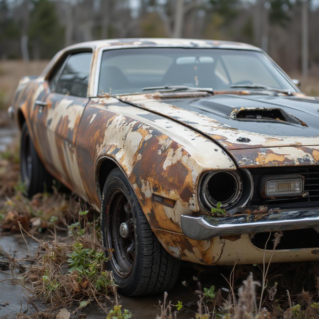 Wrecked Muscle Car Sitting in Junkyard Rusting