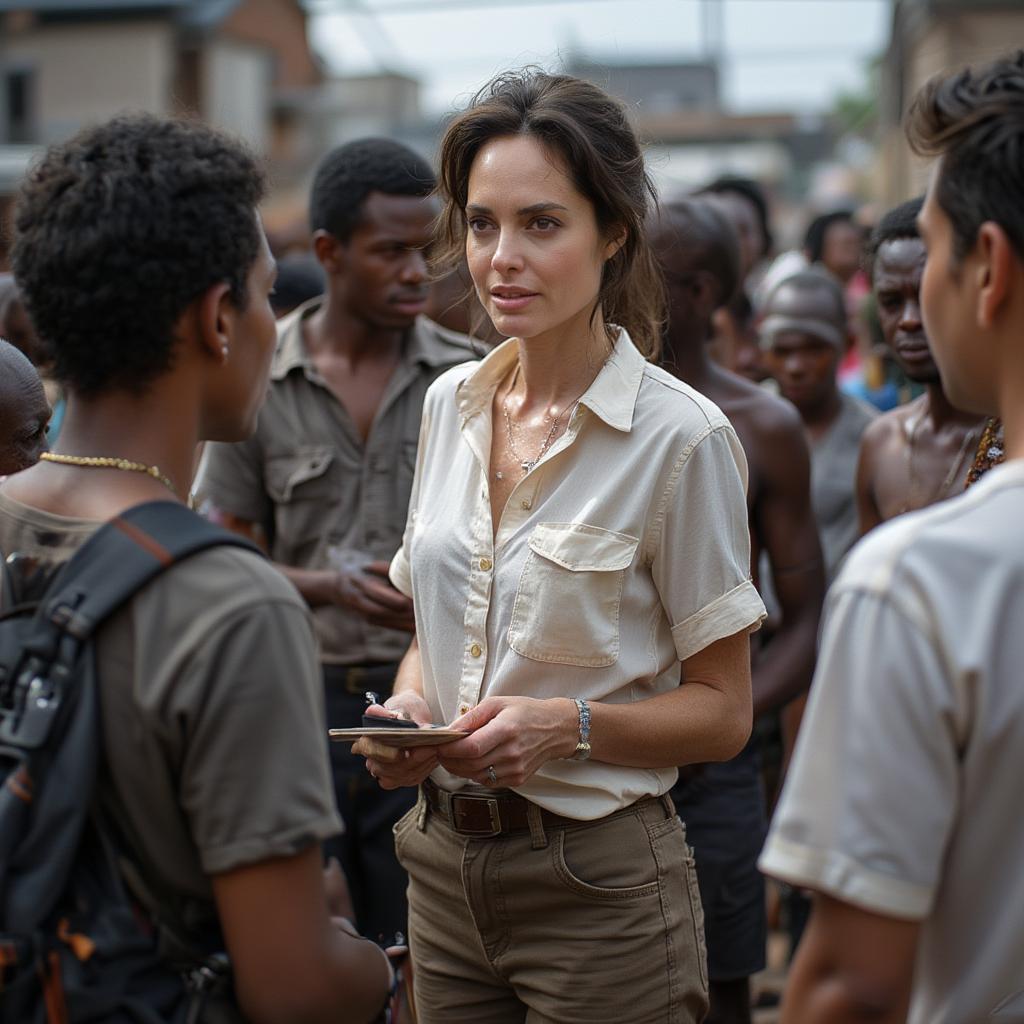 Angelina Jolie working on the field during her humanitarian trips, displaying her compassion and dedication