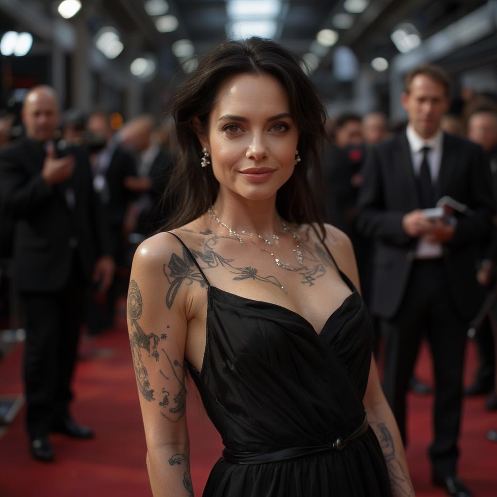 Angelina Jolie on the red carpet promoting Tomb Raider, exuding confidence and allure