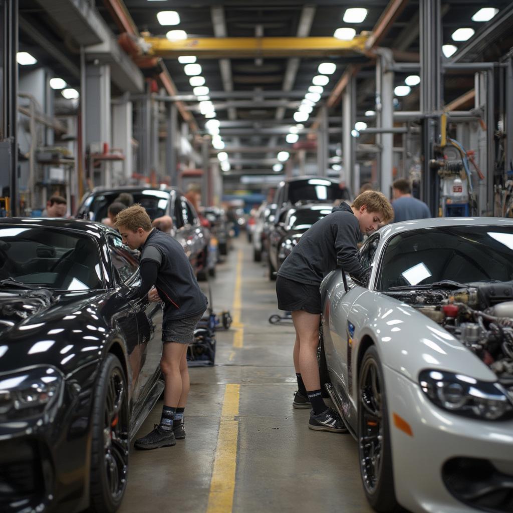 students engaging in car repair training