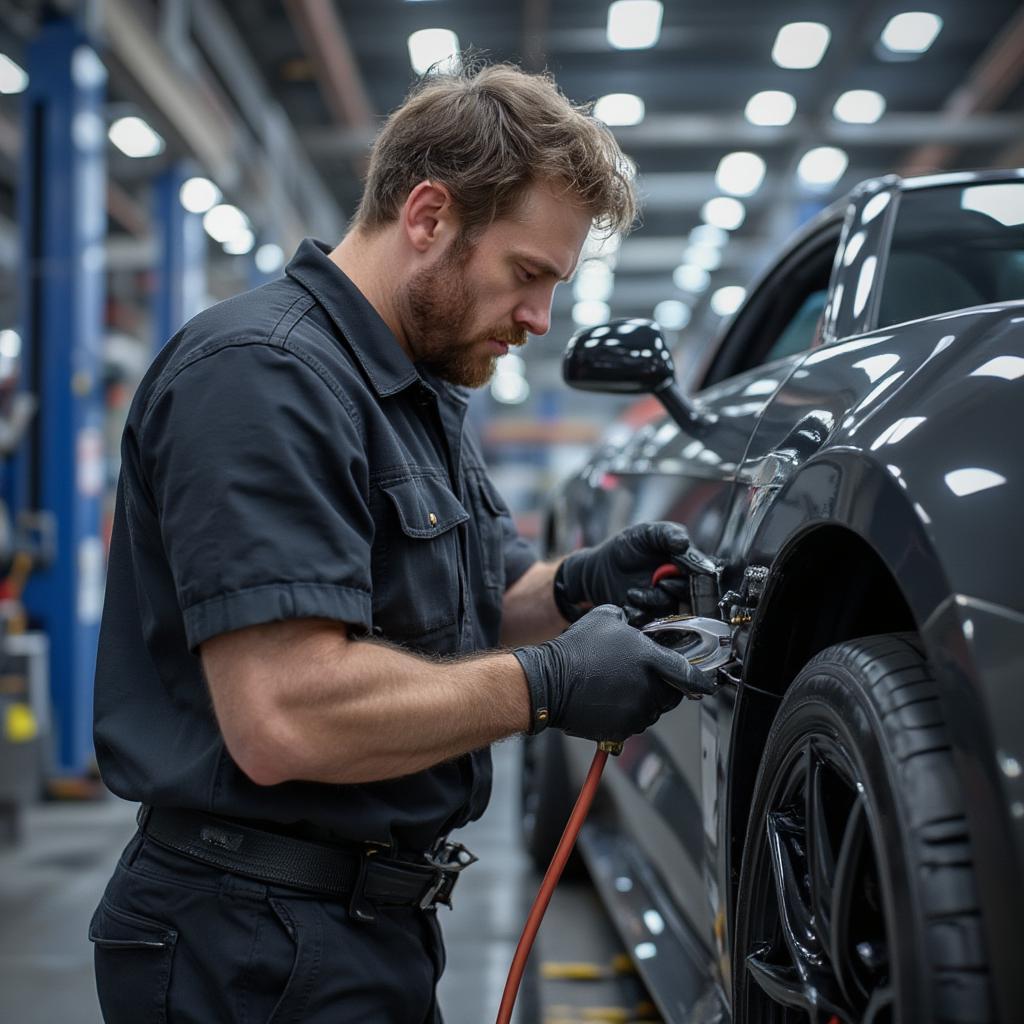 technician performing a detailed car repair