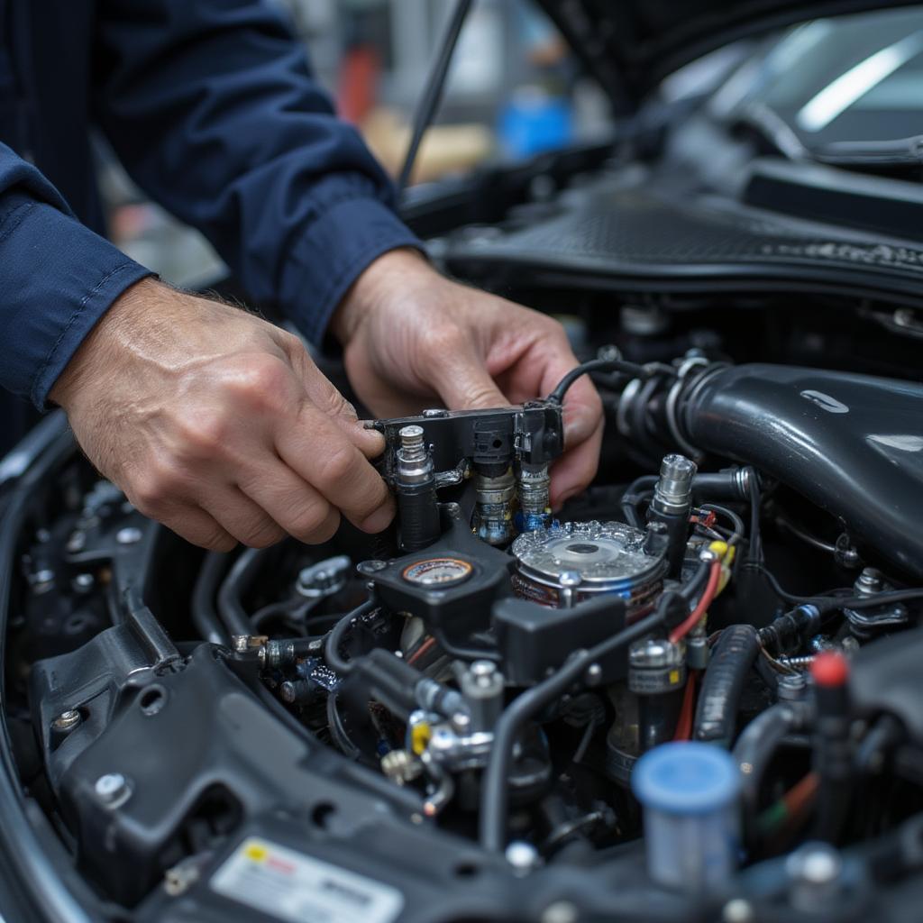 Mechanic working on the electrical system of an electric car