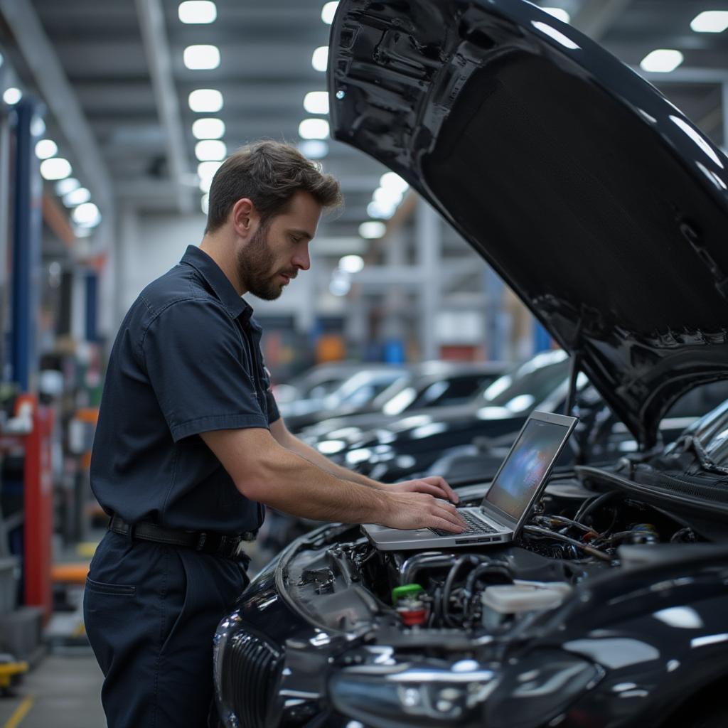 mechanic technician doing complex work with car in modern shop