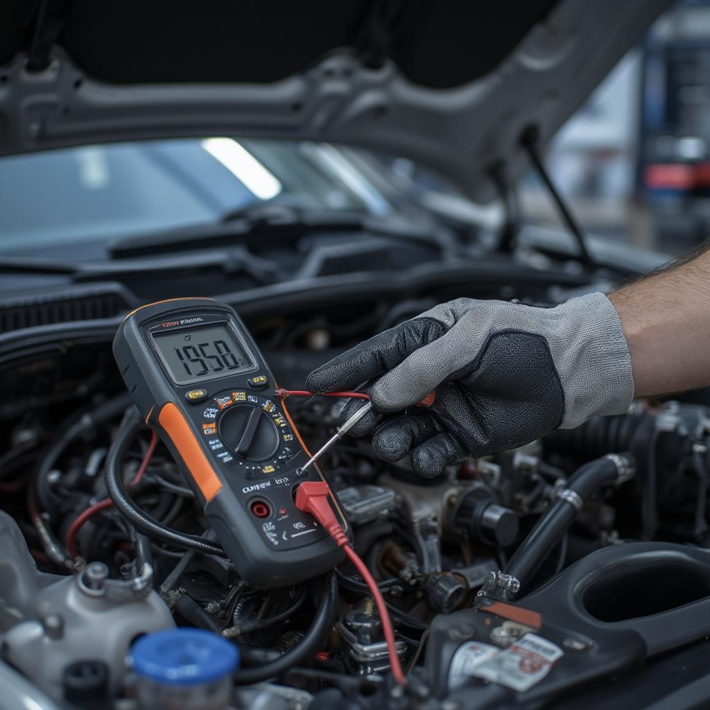 technician performing diagnostics on a car using a digital multimeter