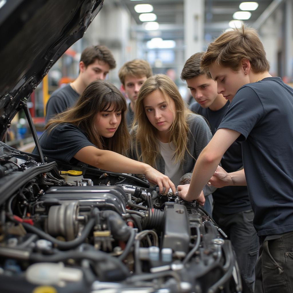 students-working-on-car-engine-in-college-classroom