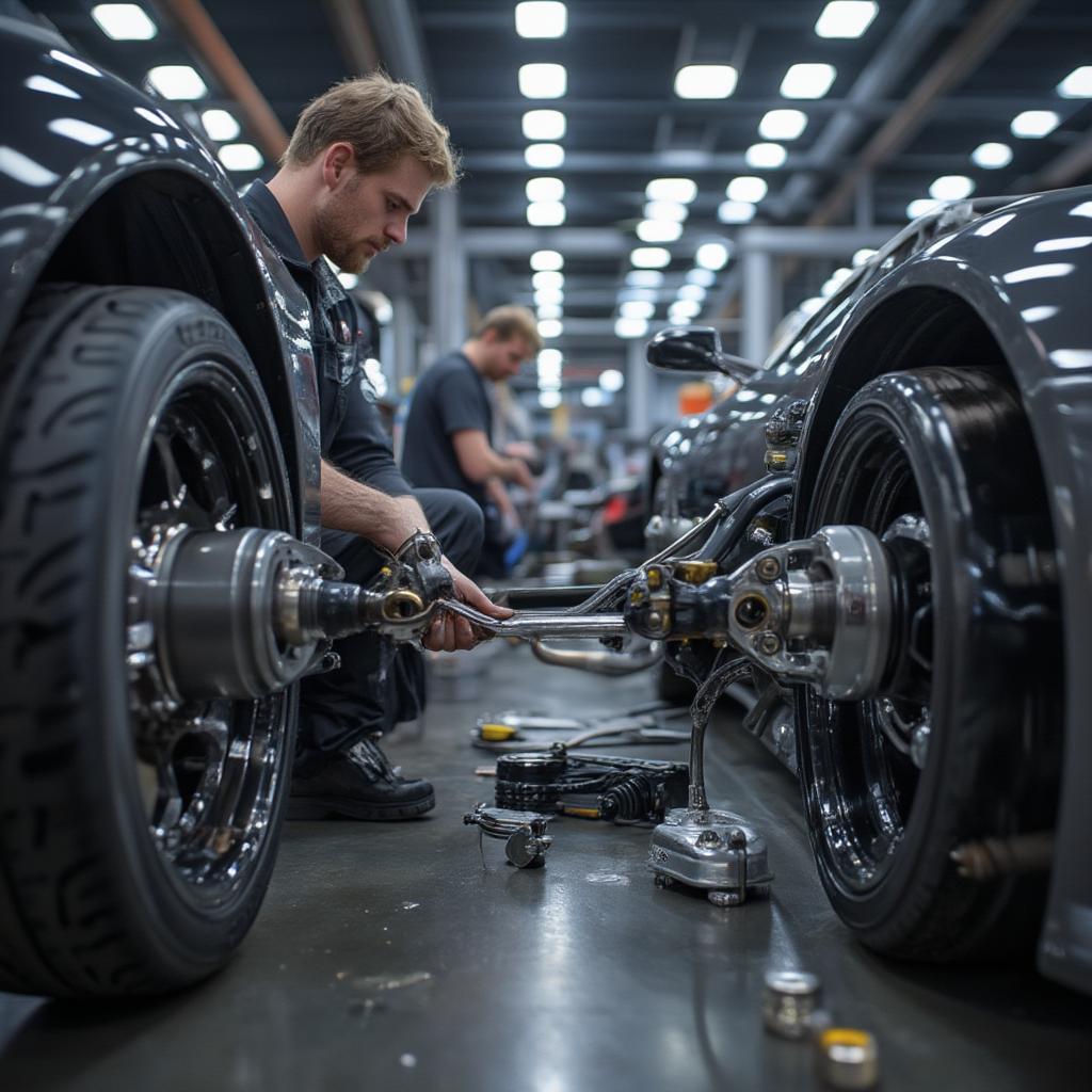 students-working-on-car-suspension-in-workshop