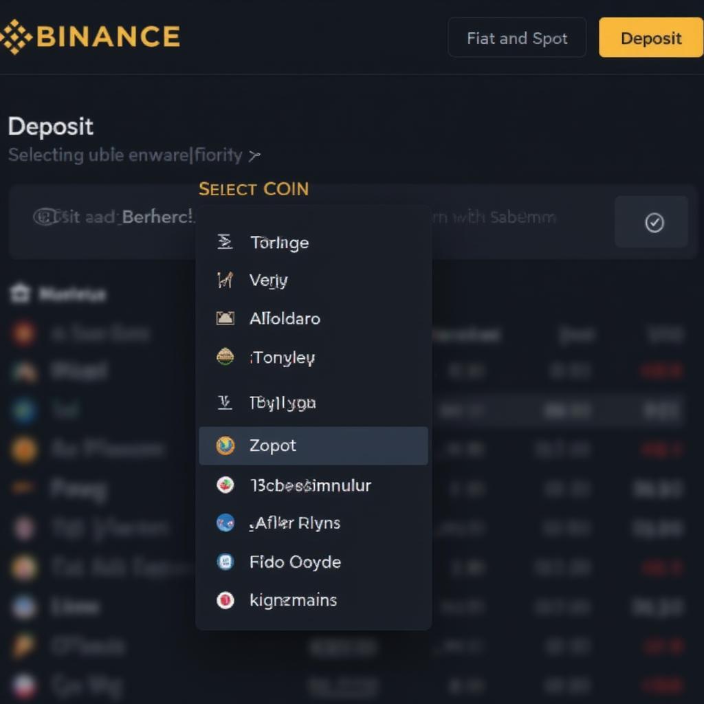 Binance deposit interface showing crypto selection