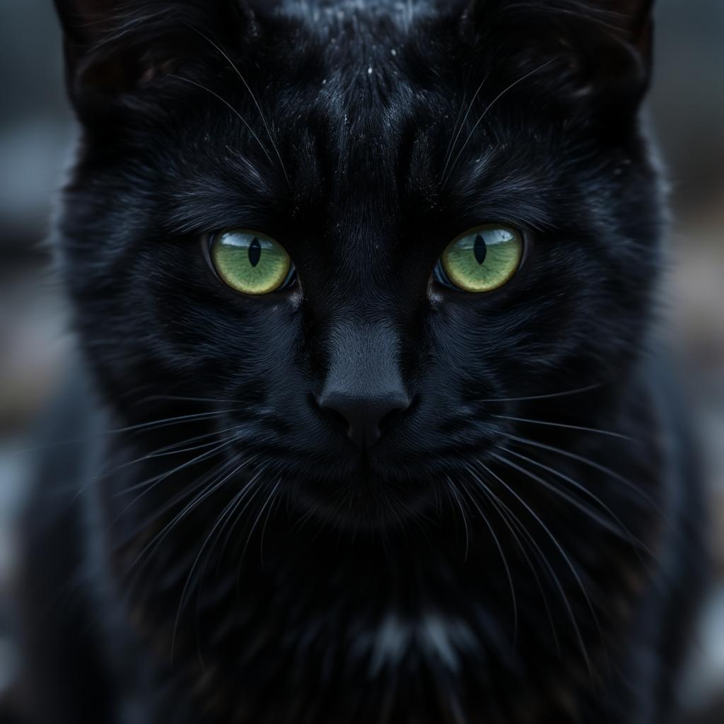 Close up of a black cat with striking green eyes