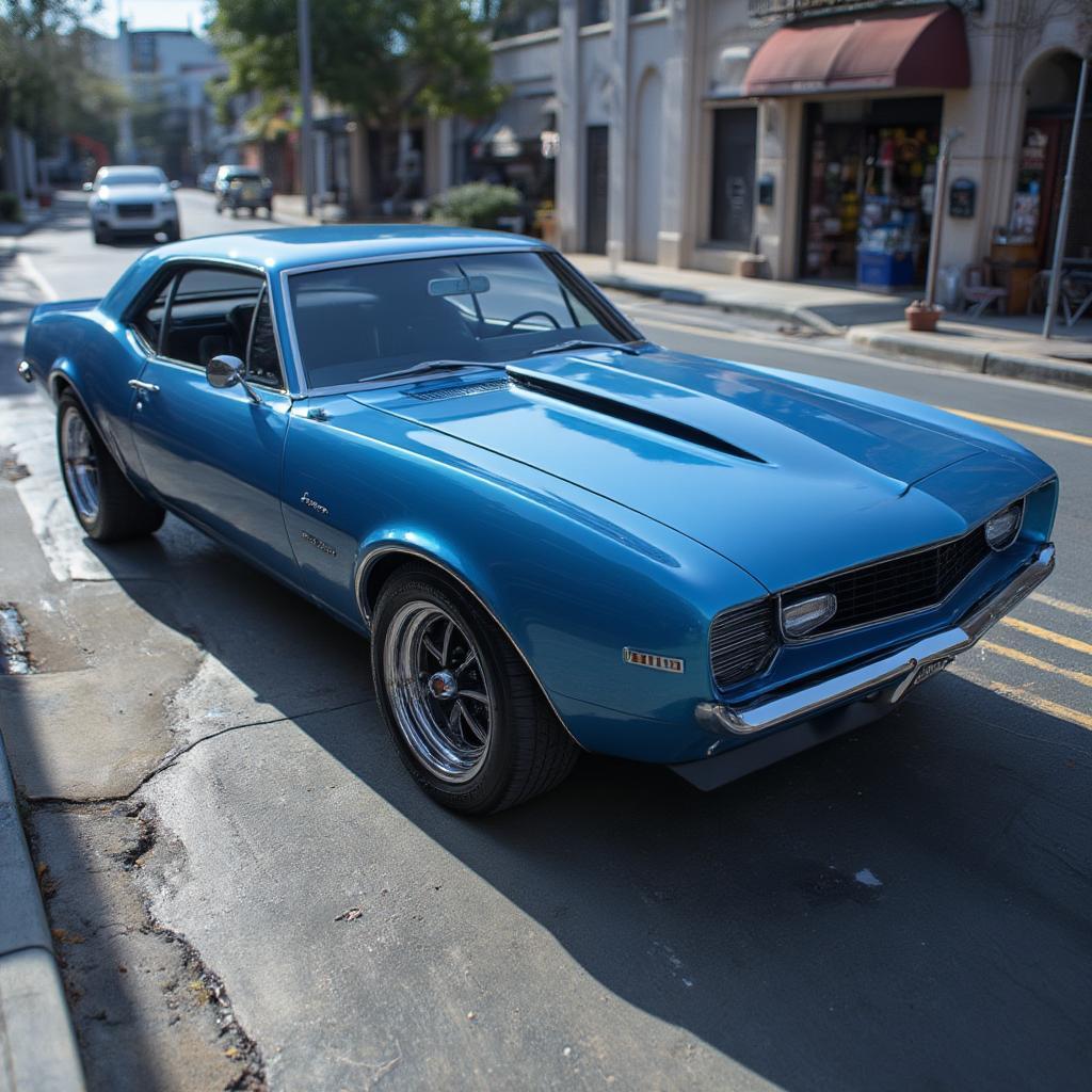 shiny-blue-classic-muscle-car-parked-vintage-era