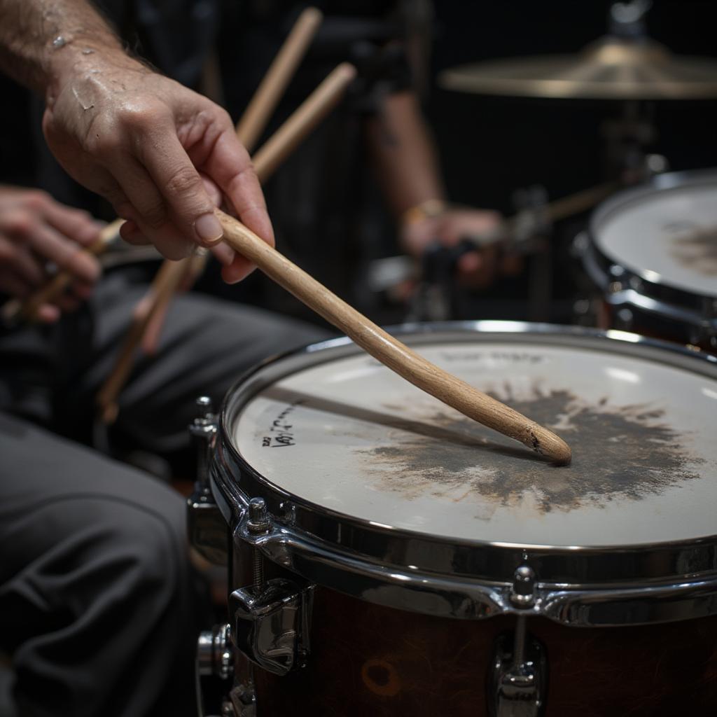 a blues drummer hitting snare with rimshot technique