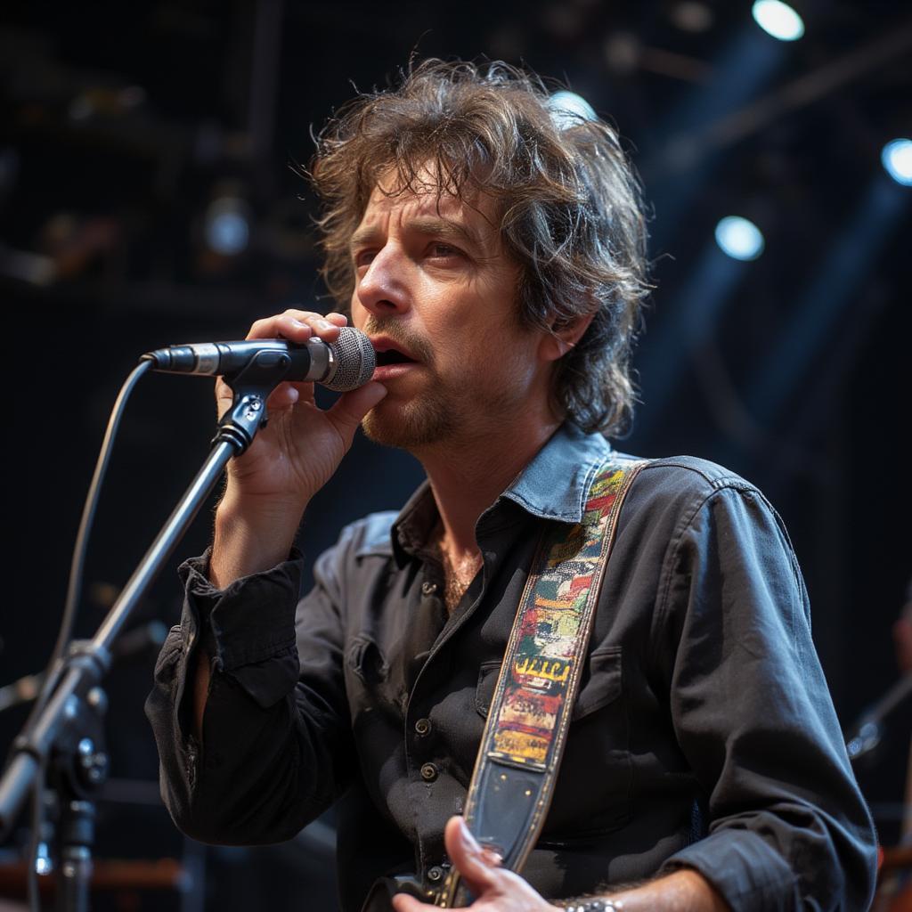 bob dylan playing harmonica passionately on stage with guitar strapped across his shoulder