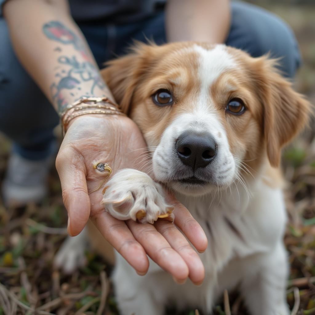 hands holding a dogs paw with love