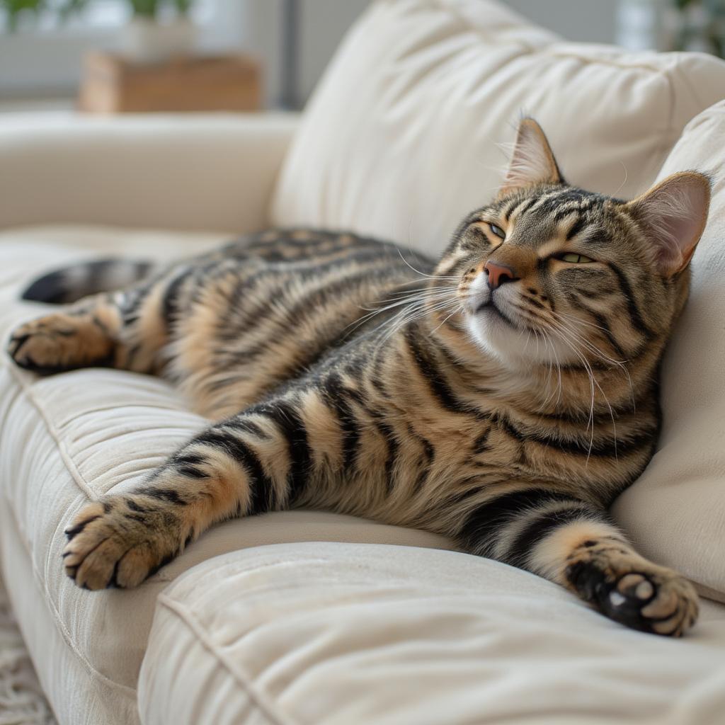 A tabby cat stretches languidly on a cozy sofa, looking content