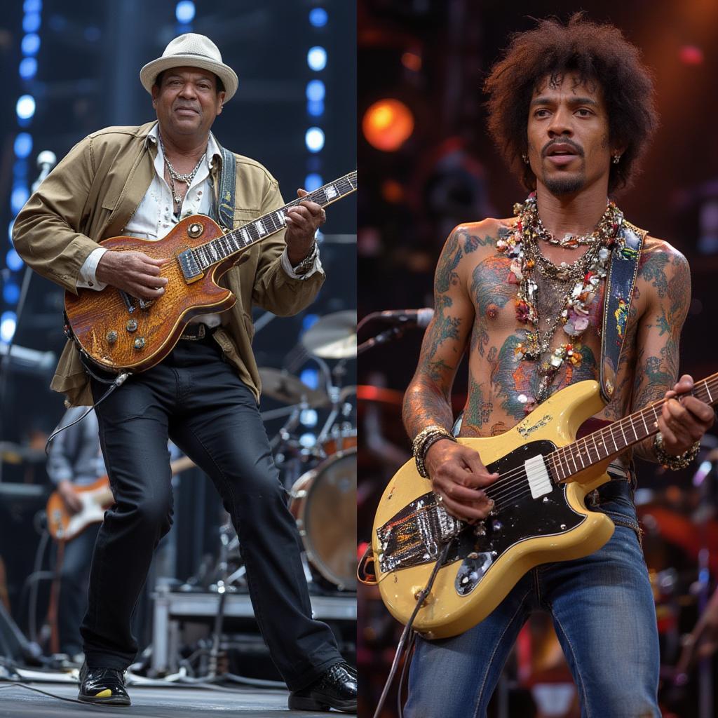 A collage of Chuck Berry and Jimi Hendrix performing