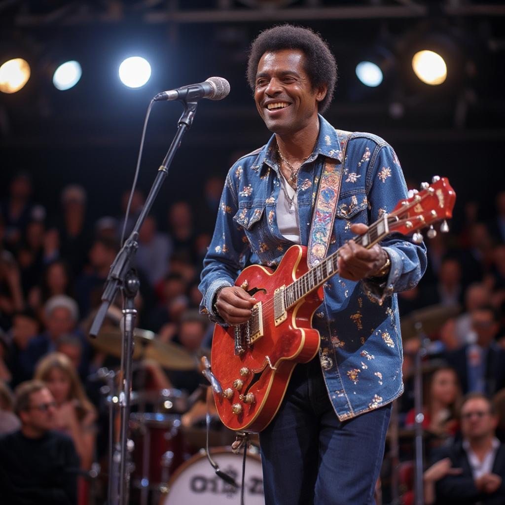 chuck berry performing live concert with his signature guitar