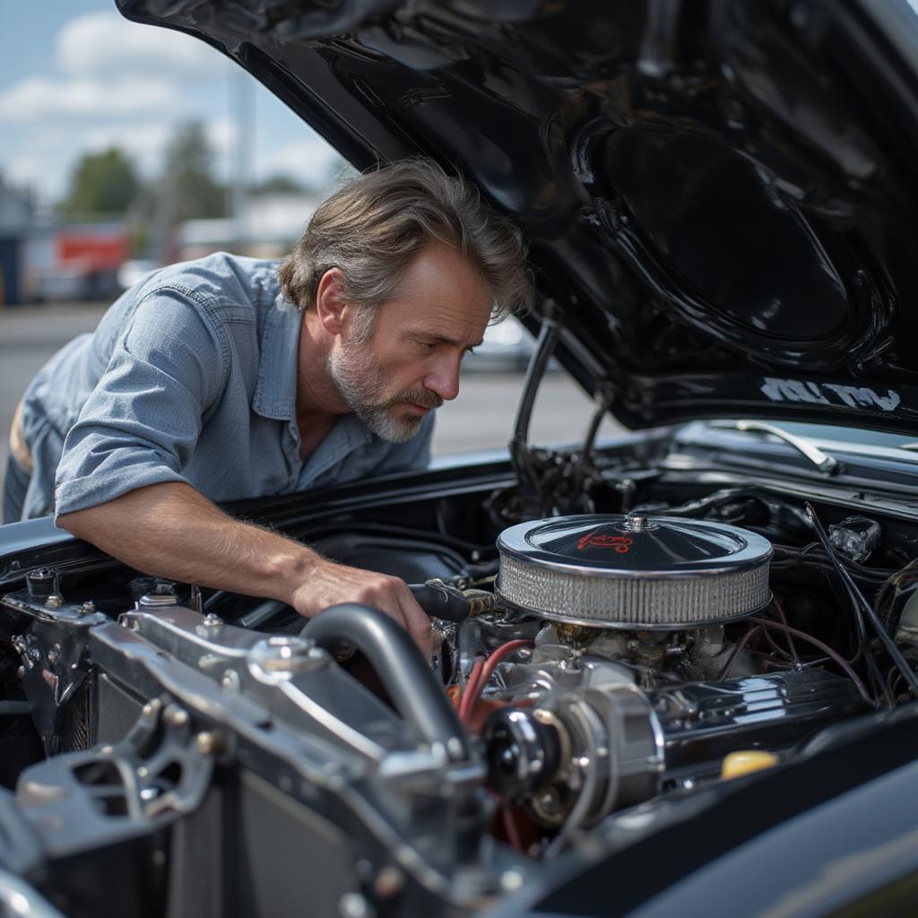 man inspecting a classic car engine compartment prior to auction