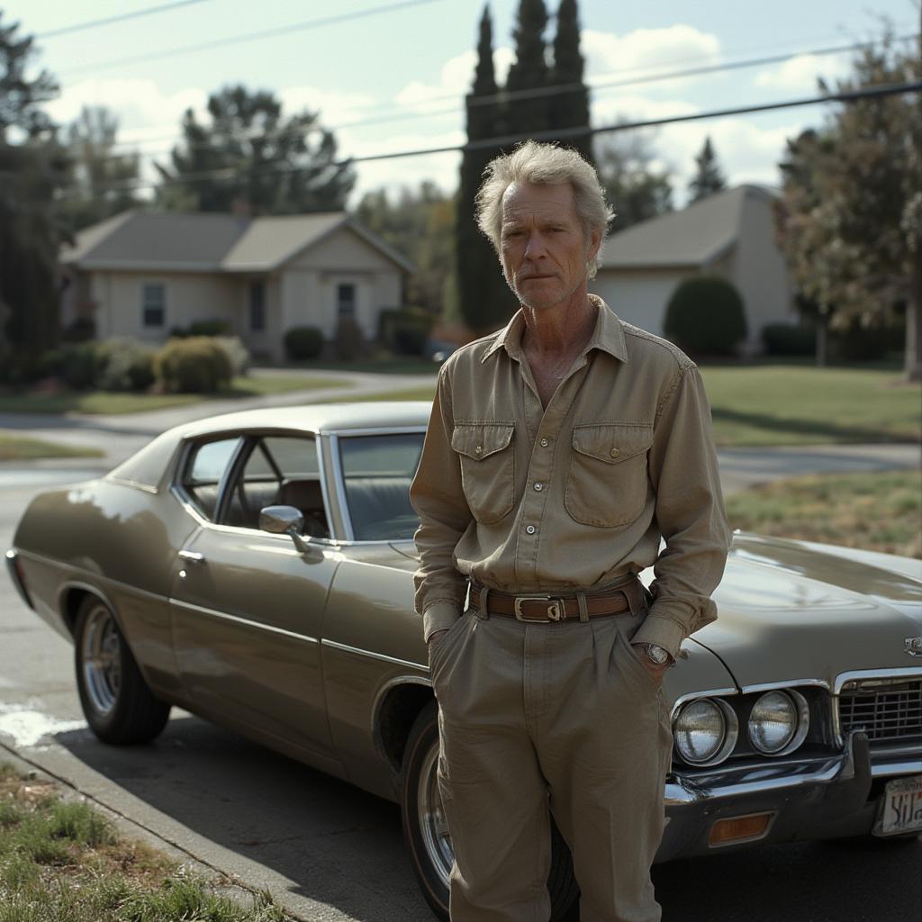 Clint Eastwood leaning against his Gran Torino in the movie