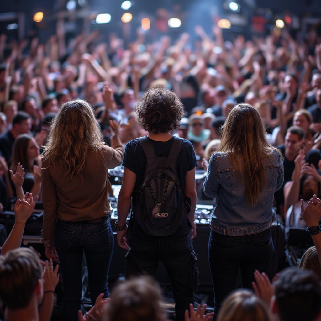 A crowd cheering for a band