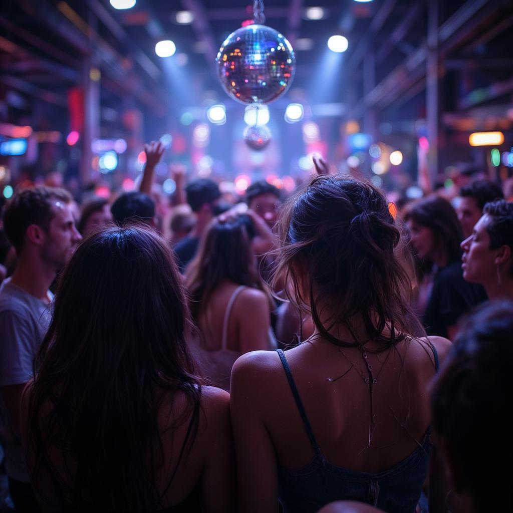 a crowd of people dancing disco at night with light reflection of disco ball