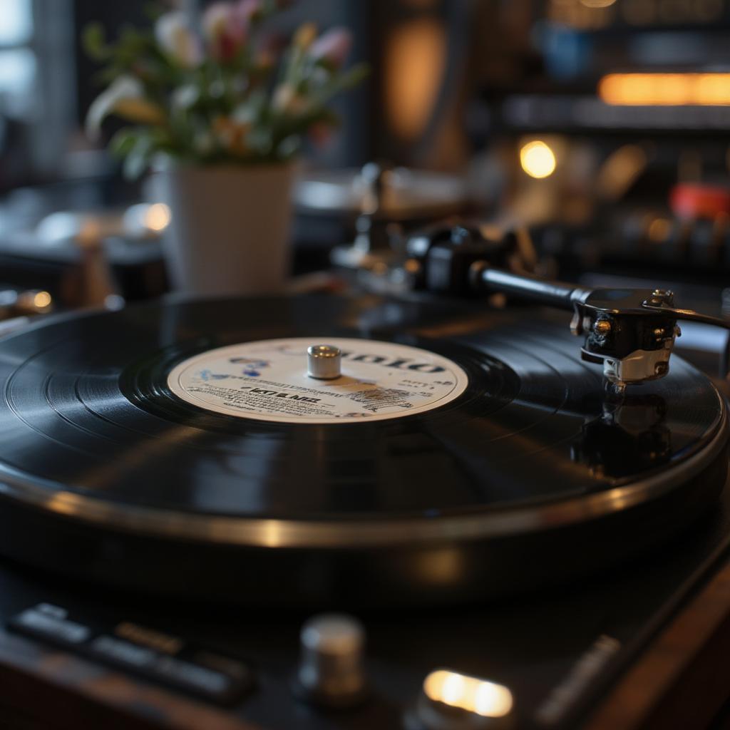 Close-up view of a disco vinyl record spinning on a turntable