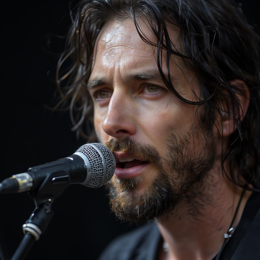 Eddie Vedder performing on stage, his emotive facial expression and dynamic stage presence conveying the passion of a Pearl Jam performance