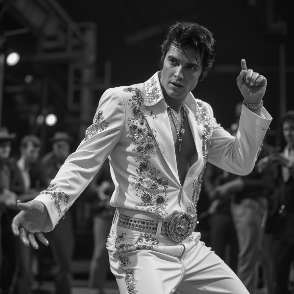 Elvis performing a dance step from Jailhouse Rock