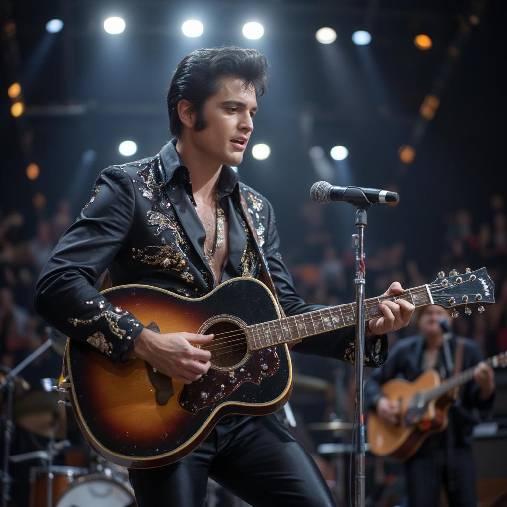 Elvis Presley playing guitar on stage with a mic and full band behind him in a dynamic performance