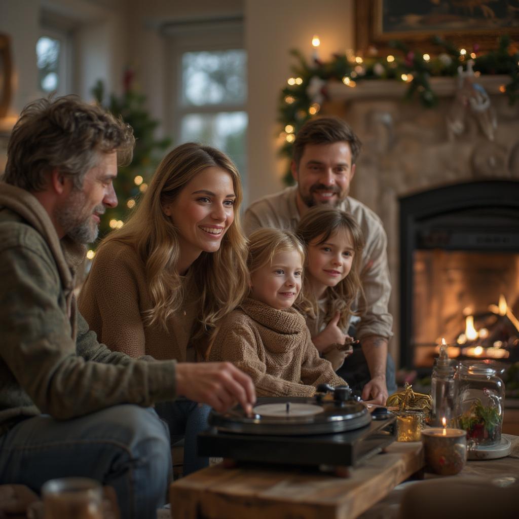 Family listening to R&B Christmas music together by the fireplace