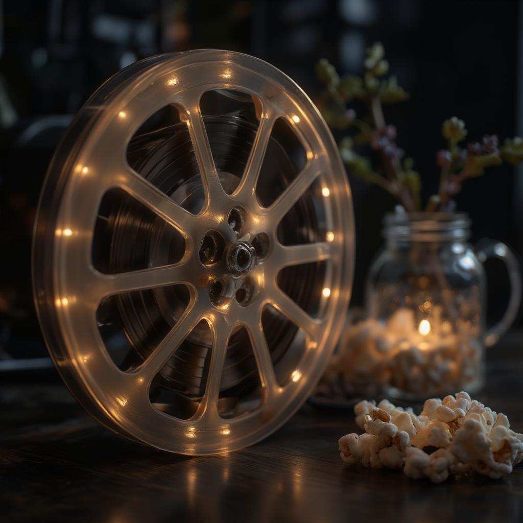 Vintage film reel spinning, movie night