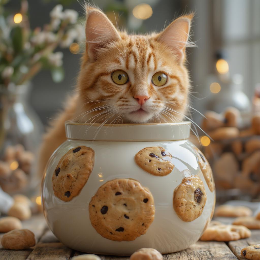 A ginger cat sitting in a cookie jar