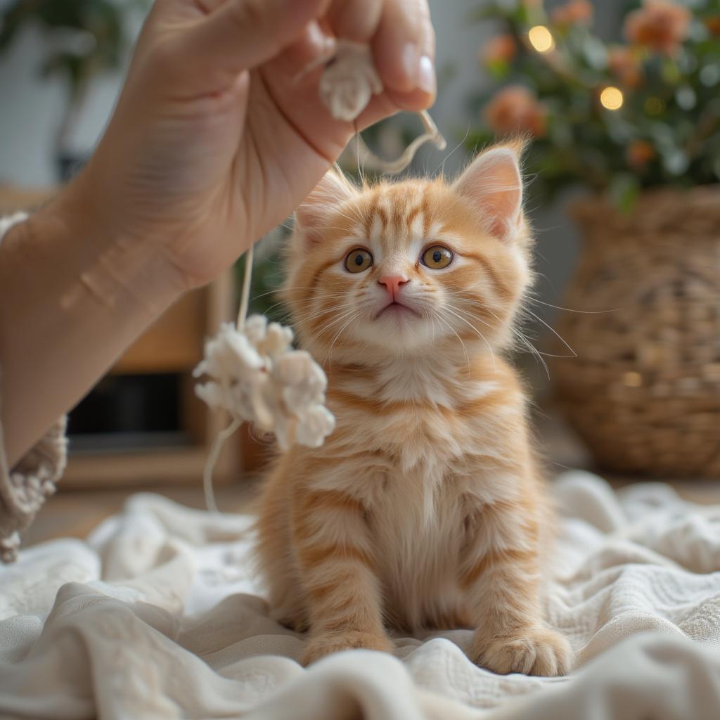 Ginger kitten playing with a toy